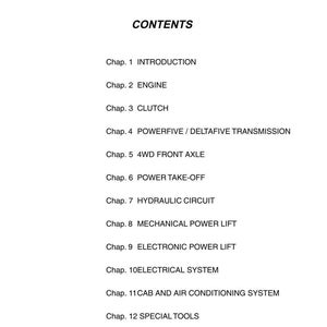 May include: A white page with the word "CONTENTS" at the top and repeated below. The page lists chapters including Introduction, Engine, Clutch, Transmission, 4WD Axle, Power Take-Off, Hydraulic Circuit, and Electrical System.