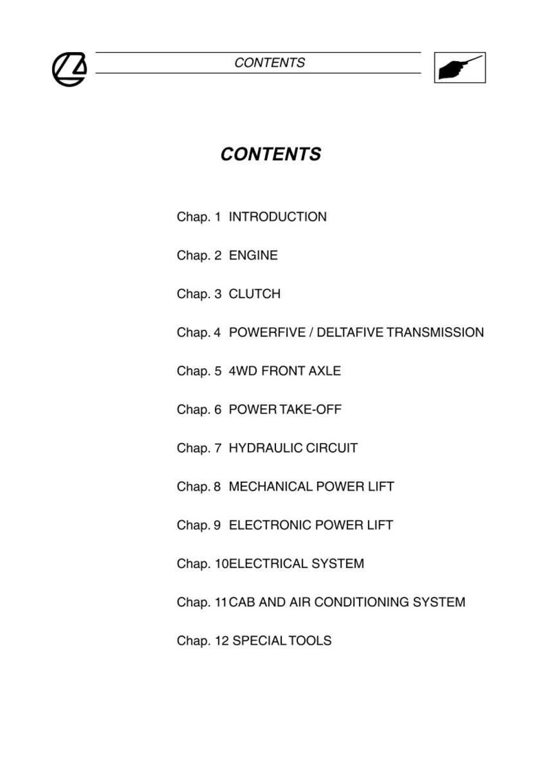 May include: A white page with the word "CONTENTS" at the top and repeated below. The page lists chapters including Introduction, Engine, Clutch, Transmission, 4WD Axle, Power Take-Off, Hydraulic Circuit, and Electrical System.
