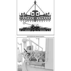 May include: Diagram of the Y2613-Coulter Downforce Pressure Increase Solenoid. The image includes two detailed illustrations, one showing the general location and another highlighting a detailed location with an arrow pointing to a specific component. Text includes "CQ1373755-UN: General Location" and "CQ1374104-UN: Detailed Location".