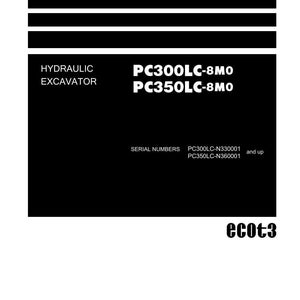 Pu&ograve; includere: Un Manuale di Officina bianco con testo nero. Il manuale include il testo "HYDRAULIC EXCAVATOR" e i numeri di modello "PC300LC-8MO" e "PC350LC-8MO". Il logo Komatsu &egrave; in basso.