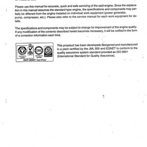 Op de afbeelding: Een gedrukte handleiding met de titel "FOREWORD" bovenaan. De tekst beschrijft serviceprocedures voor 4TNE94-98-106(T) motoren. Bevat een ISO 9001 gecertificeerd logo en tekst over kwaliteitsborging.