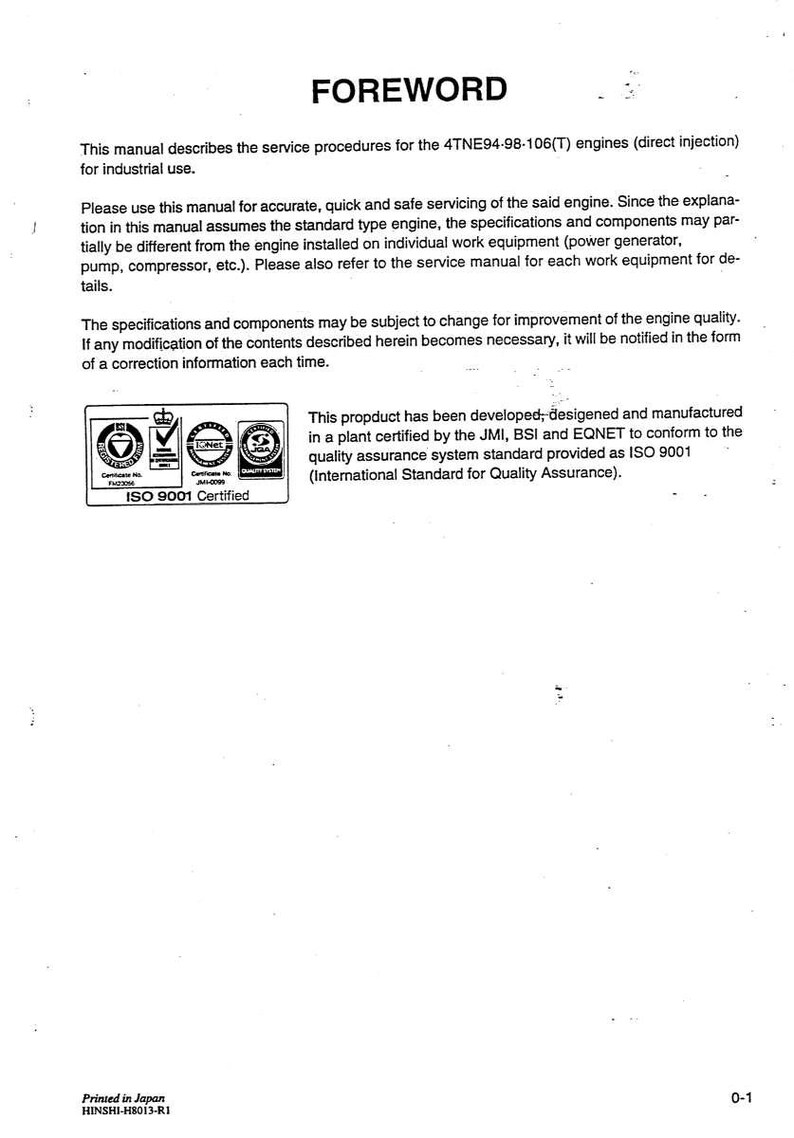 Op de afbeelding: Een gedrukte handleiding met de titel "FOREWORD" bovenaan. De tekst beschrijft serviceprocedures voor 4TNE94-98-106(T) motoren. Bevat een ISO 9001 gecertificeerd logo en tekst over kwaliteitsborging.