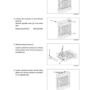 May include: Diagrams illustrating the disassembly of a mechanical component, with numbered parts and arrows. Text instructions include removing clamps, screws, and wiring harnesses. The diagrams are in black and white.