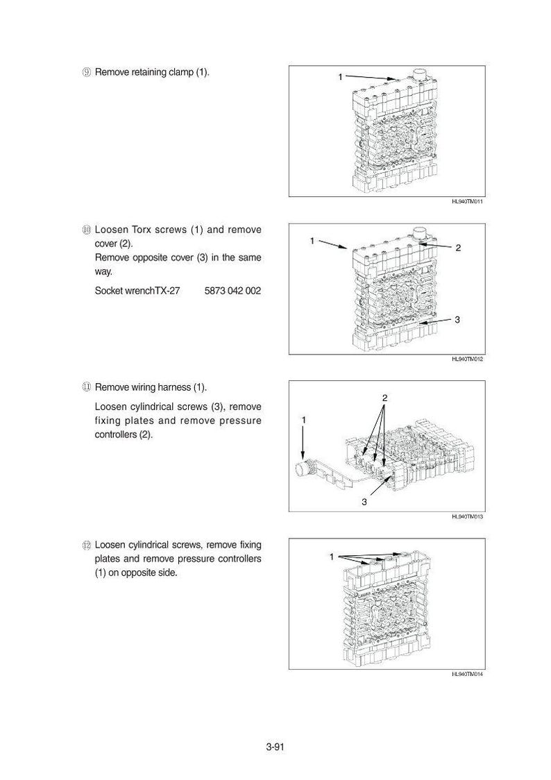 May include: Diagrams illustrating the disassembly of a mechanical component, with numbered parts and arrows. Text instructions include removing clamps, screws, and wiring harnesses. The diagrams are in black and white.