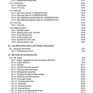 May include: A page from a technical manual with a table of contents and detailed sections on engine components, calibrations, and electronic diagnostics. The text is black on a white background.