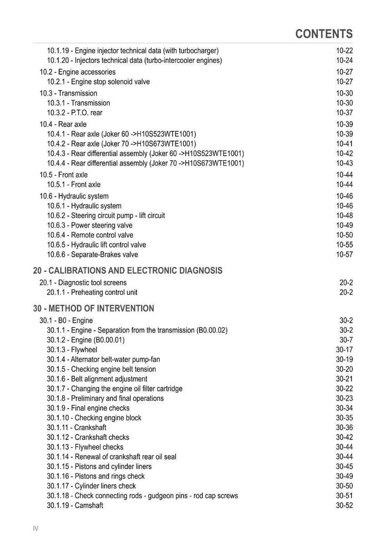 May include: A page from a technical manual with a table of contents and detailed sections on engine components, calibrations, and electronic diagnostics. The text is black on a white background.