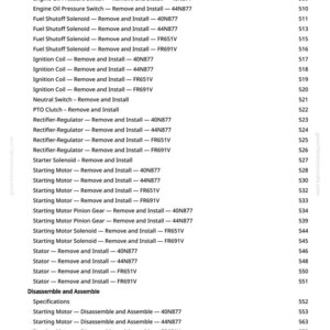 May include: A detailed list of wiring harness replacement procedures, including specifications for removing and installing various engine components. The document includes sections on fuel shutoff solenoids, ignition coils, and starting motors. The page numbers are visible on the right side.