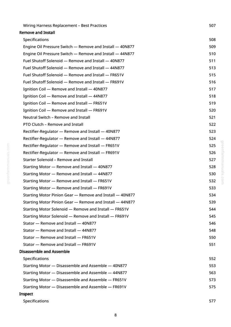 May include: A detailed list of wiring harness replacement procedures, including specifications for removing and installing various engine components. The document includes sections on fuel shutoff solenoids, ignition coils, and starting motors. The page numbers are visible on the right side.
