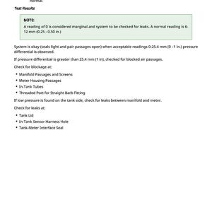 May include: A document with instructions for testing a system, including steps to observe water column readings and check for leaks. The text includes measurements in inches and millimeters, and a note on acceptable readings.