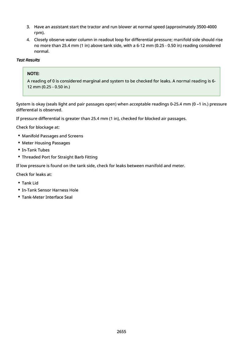 May include: A document with instructions for testing a system, including steps to observe water column readings and check for leaks. The text includes measurements in inches and millimeters, and a note on acceptable readings.