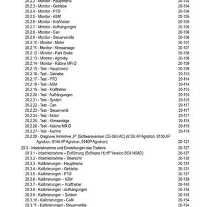 May include: A white document with black text, titled "INHALT", lists various tractor-related tests and calibrations. The document includes sections on monitors, tests, and calibration procedures, with page numbers.