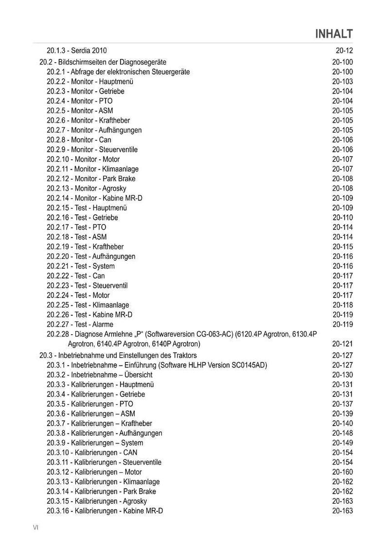 May include: A white document with black text, titled "INHALT", lists various tractor-related tests and calibrations. The document includes sections on monitors, tests, and calibration procedures, with page numbers.