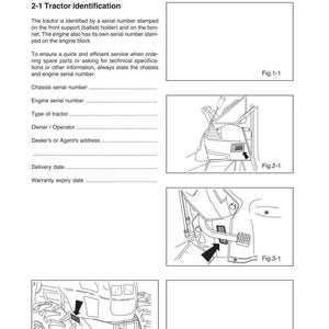 Puede incluir: Una p&aacute;gina de un manual de tractor titulada "Introducci&oacute;n" y "Secc. 2 - Identificaci&oacute;n del tractor". El texto explica c&oacute;mo identificar el tractor utilizando n&uacute;meros de serie. Los diagramas muestran piezas del tractor.