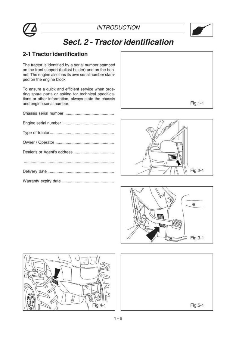 Puede incluir: Una p&aacute;gina de un manual de tractor titulada "Introducci&oacute;n" y "Secc. 2 - Identificaci&oacute;n del tractor". El texto explica c&oacute;mo identificar el tractor utilizando n&uacute;meros de serie. Los diagramas muestran piezas del tractor.