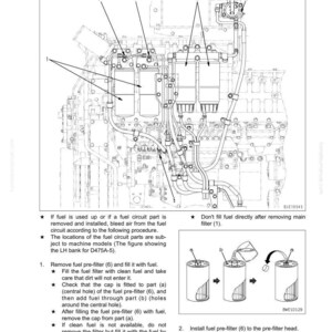 May include: Diagram of a fuel circuit for a D475A-5 engine, with numbered components and instructions for bleeding air. Includes illustrations of fuel filter installation and maintenance procedures. Text includes "Bleeding air from fuel circuit".
