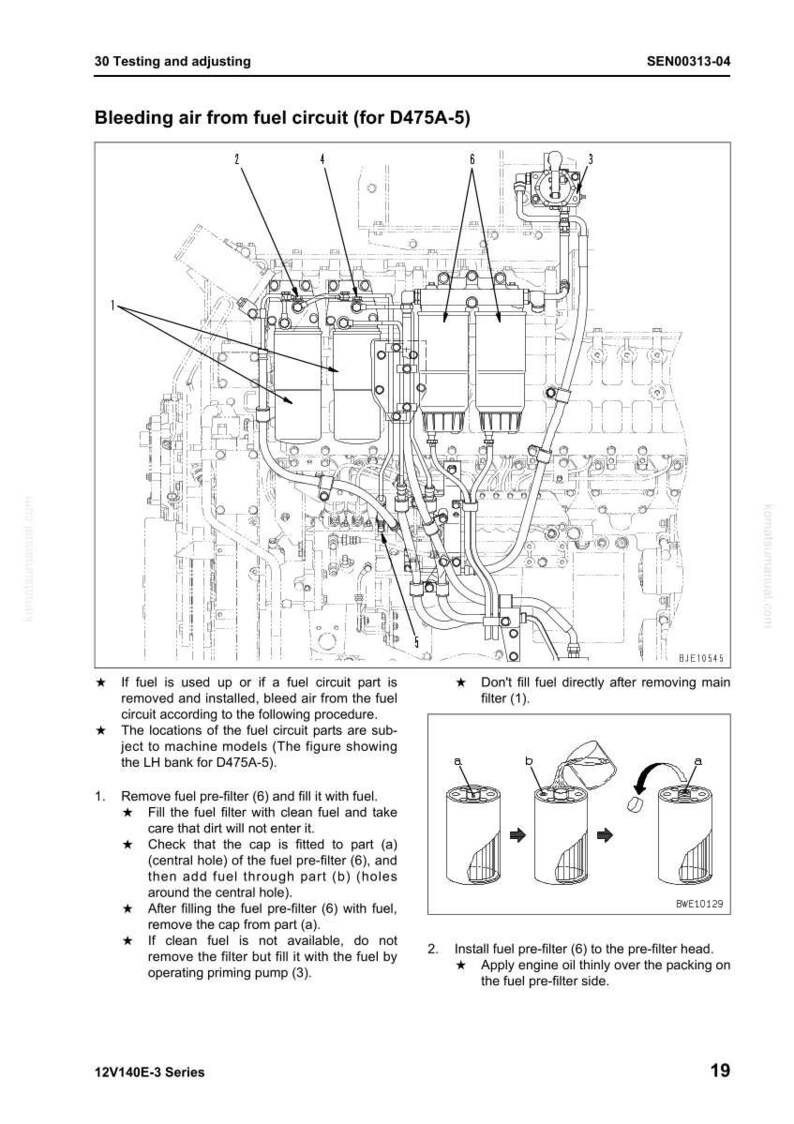 May include: Diagram of a fuel circuit for a D475A-5 engine, with numbered components and instructions for bleeding air. Includes illustrations of fuel filter installation and maintenance procedures. Text includes "Bleeding air from fuel circuit".