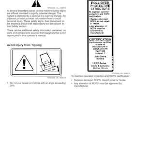 May include: A page from an operator's manual titled "Safety Labels." It includes pictorial safety signs with warnings about potential dangers and instructions to avoid injury from tipping, with a maximum incline of 28%. Also includes information about the roll-over protective structure.