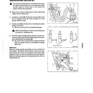 May include: Diagram from a manual titled "Testing and Adjusting" showing instructions for measuring blow-by. The image includes diagrams of engine components, hoses, and gauges, with accompanying text explaining the process.