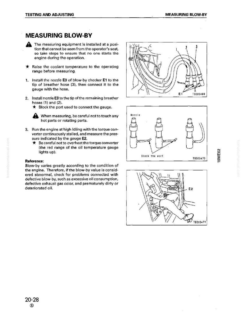 May include: Diagram from a manual titled "Testing and Adjusting" showing instructions for measuring blow-by. The image includes diagrams of engine components, hoses, and gauges, with accompanying text explaining the process.