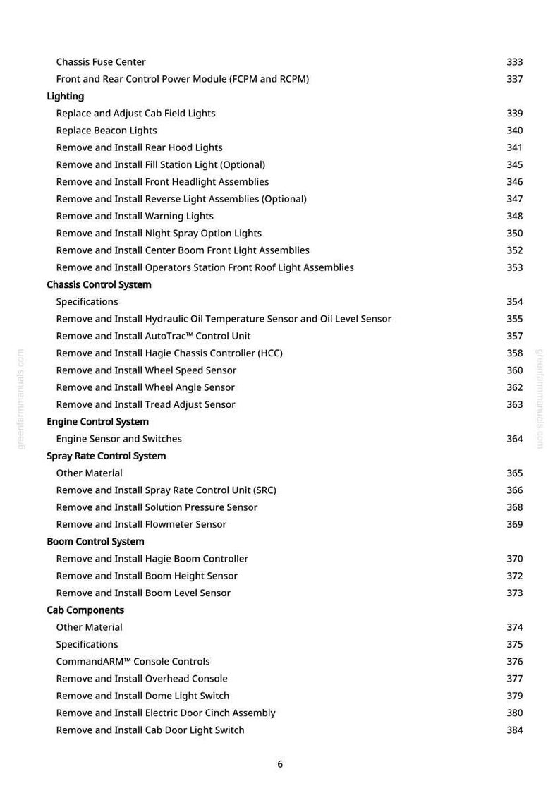 May include: A detailed table of contents from a greenfarmmanuals.com manual, listing various automotive system components and their corresponding page numbers. The text is black on a white background.