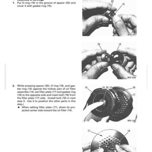 May include: Diagram of air drier assembly and disassembly instructions. The image shows the steps for assembling the cartridge, including placing the O-ring (19) in the groove of the spacer (20) and covering it with the gasket ring (15).