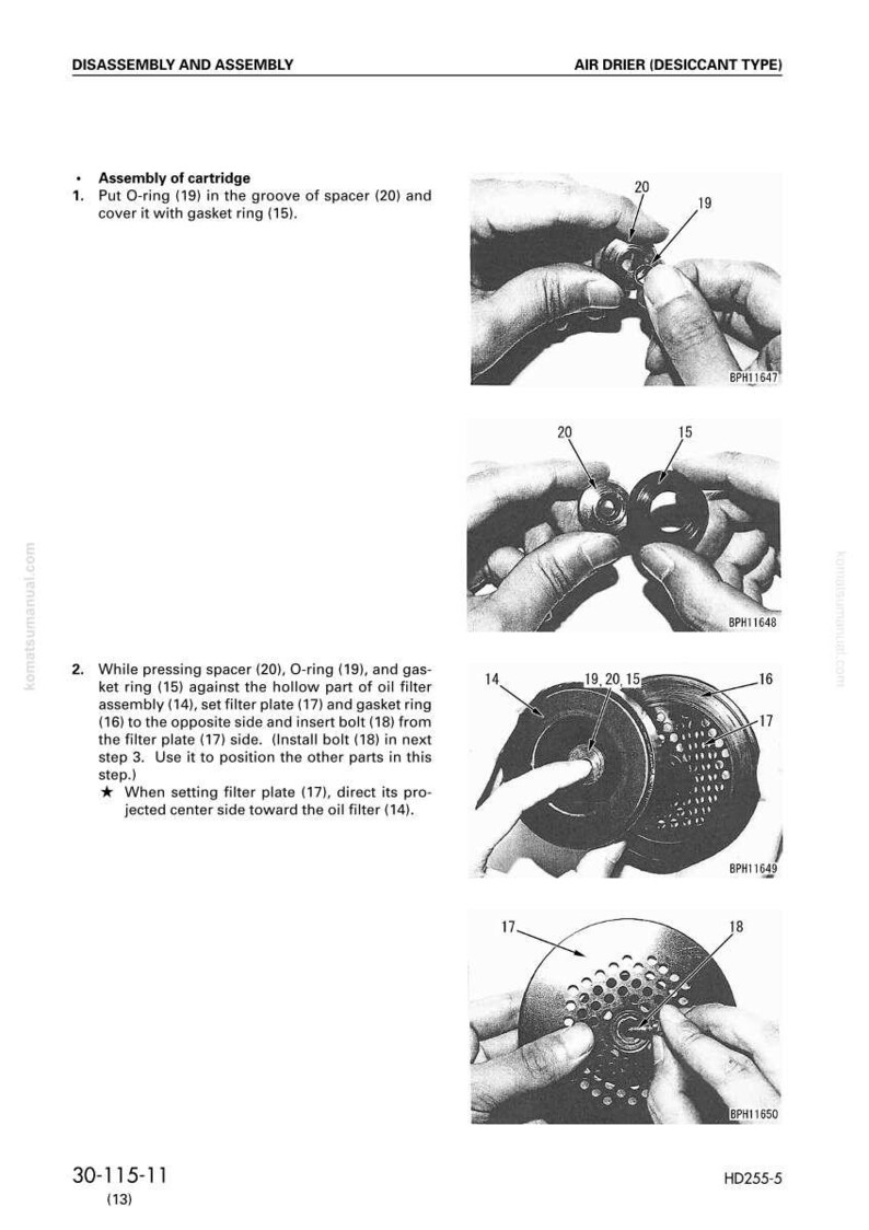 May include: Diagram of air drier assembly and disassembly instructions. The image shows the steps for assembling the cartridge, including placing the O-ring (19) in the groove of the spacer (20) and covering it with the gasket ring (15).
