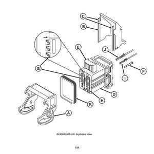 May include: An exploded view diagram of an electrical component assembly. The diagram shows various parts labeled with letters, including connectors, a frame, and a rectangular gasket. The text "RXA0063965-UN: Exploded View" is present.