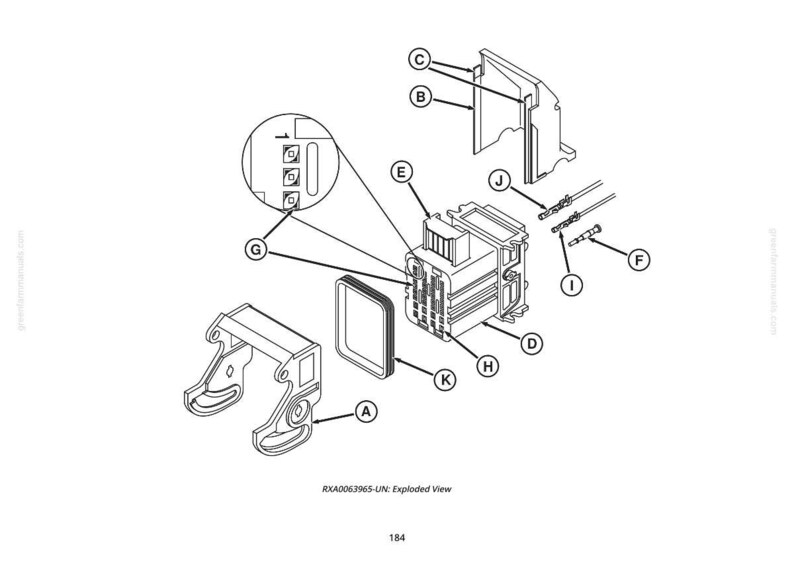 May include: An exploded view diagram of an electrical component assembly. The diagram shows various parts labeled with letters, including connectors, a frame, and a rectangular gasket. The text "RXA0063965-UN: Exploded View" is present.