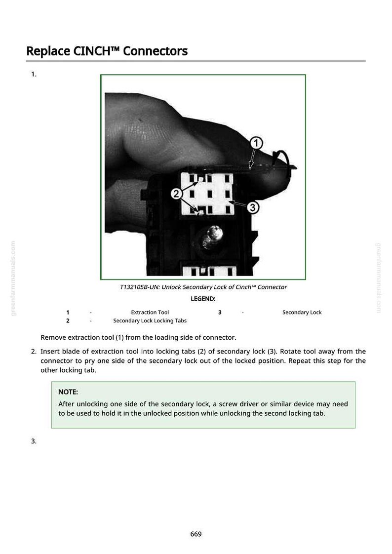 Op de afbeelding: Diagram met de vervanging van CINCH-connectoren. De afbeelding toont een close-up van een zwarte connector met genummerde onderdelen en instructies. Tekst bevat "Extraction Tool" en "Secondary Lock".