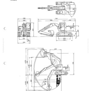 May include: A general assembly drawing of a PC100-2 excavator, with detailed dimensional specifications in inches. The diagram includes front, side, and top views, with labels and measurements for various components.