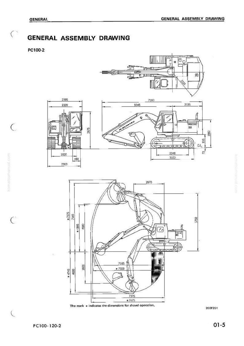 May include: A general assembly drawing of a PC100-2 excavator, with detailed dimensional specifications in inches. The diagram includes front, side, and top views, with labels and measurements for various components.