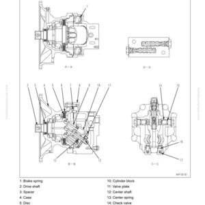 Op de afbeelding: Technisch diagram van de componenten van een zwenksysteem, inclusief remveren, aandrijfassen en klepplaten. De doorsnede toont gedetailleerde interne componenten met labels. Een technische illustratie.