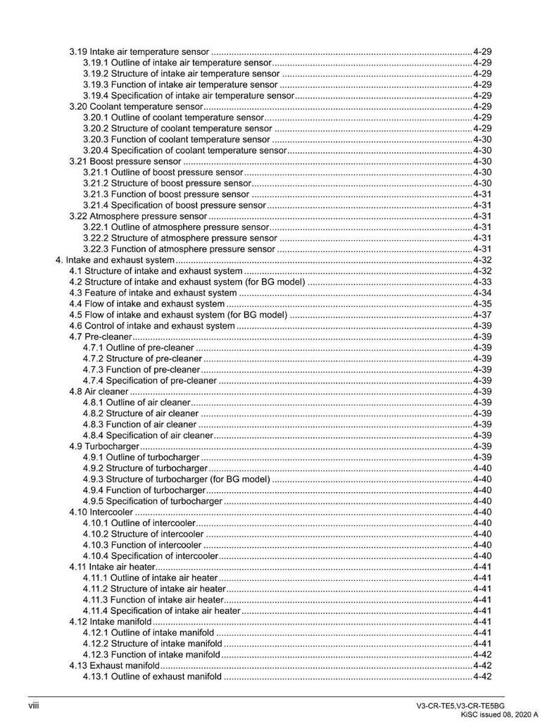 May include: A detailed table of contents from a technical manual, listing various automotive components such as sensors, turbochargers, and intercoolers. The document is dated 2020.