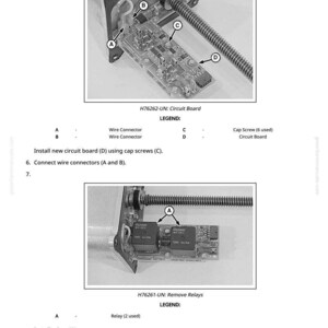 May include: Diagram showing circuit board components labelled A, B, C, and D. The image includes a circuit board, wire connectors, and cap screws. Text indicates the board is not repairable if it fails. Another image shows relay components.