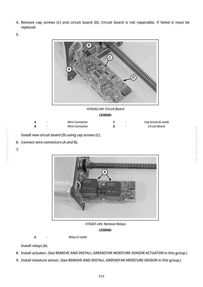 May include: Diagram showing circuit board components labelled A, B, C, and D. The image includes a circuit board, wire connectors, and cap screws. Text indicates the board is not repairable if it fails. Another image shows relay components.