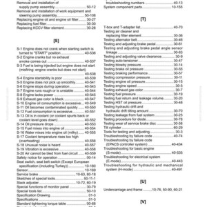 May include: A detailed page from a Komatsu manual, FH35, 40, 45, 50-2, with a table of contents and troubleshooting information. The text includes sections on engine issues, testing procedures, and system components. The page is in black and white.