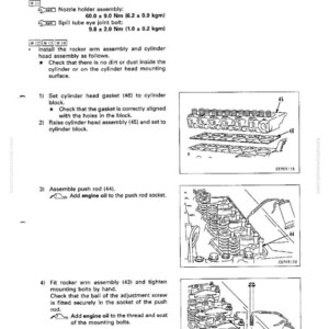 May include: Diagram showing cylinder head disassembly and assembly instructions. Includes illustrations of rocker arm assembly, cylinder head gasket, and push rod assembly. Text includes torque specifications.