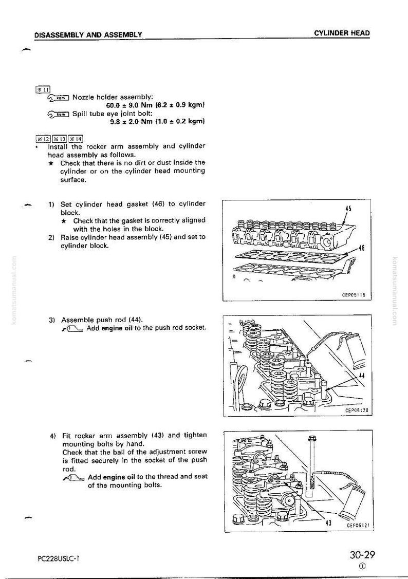 May include: Diagram showing cylinder head disassembly and assembly instructions. Includes illustrations of rocker arm assembly, cylinder head gasket, and push rod assembly. Text includes torque specifications.