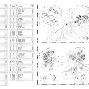 May include: A detailed technical diagram with multiple sections. The left side features a long list of text, likely part numbers or specifications. The right side displays several isometric drawings of machinery components, all in black and white.