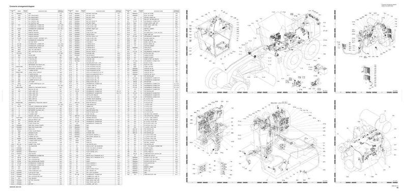 May include: A detailed technical diagram with multiple sections. The left side features a long list of text, likely part numbers or specifications. The right side displays several isometric drawings of machinery components, all in black and white.