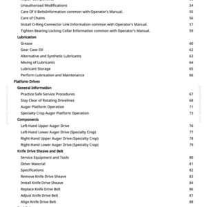 Puede incluir: Una p&aacute;gina de manual con un &iacute;ndice detallado. Los t&iacute;tulos incluyen Knockdown Bar, Lubrication, Platform Drives y Reel Drive. Los n&uacute;meros de p&aacute;gina se enumeran a la derecha.