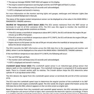 May include: A page from a manual detailing engine diagnostics. Text includes information on the engine coolant temperature, manifold air temperature, and crankshaft speed sensors, with technical specifications and operational instructions.