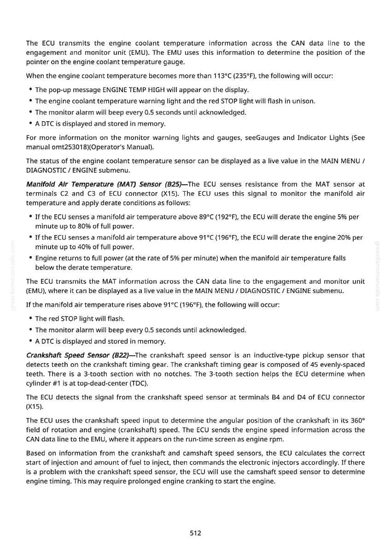 May include: A page from a manual detailing engine diagnostics. Text includes information on the engine coolant temperature, manifold air temperature, and crankshaft speed sensors, with technical specifications and operational instructions.