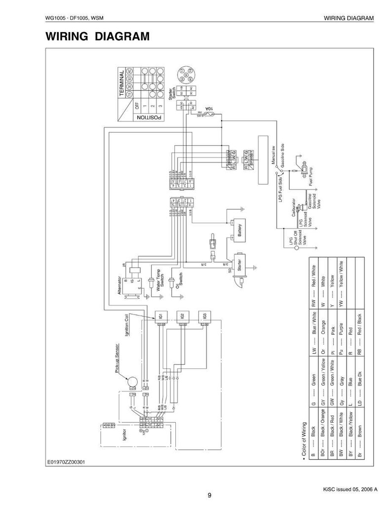 Op de afbeelding: Een gedetailleerd bedradingsschema met tekst zoals "WIRING DIAGRAM", "TERMINAL" en "POSITION". Het schema toont verschillende elektrische componenten, lijnen en kleurgecodeerde bedradingsdetails. Het schema is gelabeld "WG1005 - DF1005, WSM".