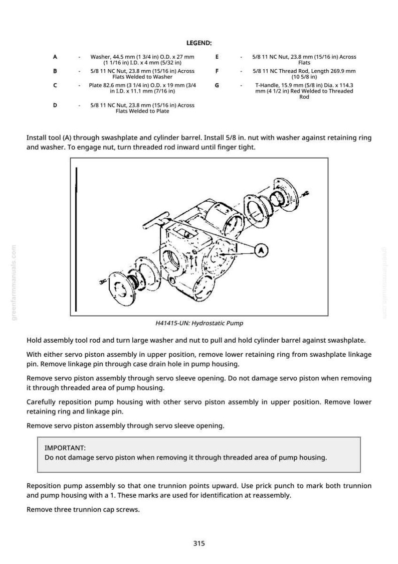 May include: An exploded diagram of a hydrostatic pump, with labeled parts and measurements in inches and fractions. The image includes a legend with part descriptions and instructions for assembly and disassembly.