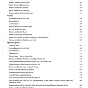 May include: A detailed page from a manual, listing procedures for heavy equipment maintenance. Topics include bucket teeth replacement, hydraulic system servicing, and pump assembly. The page has a white background with black text and a website address.