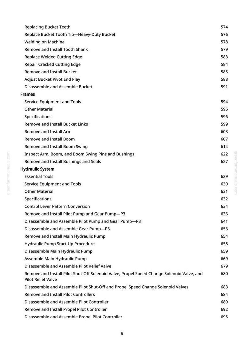 May include: A detailed page from a manual, listing procedures for heavy equipment maintenance. Topics include bucket teeth replacement, hydraulic system servicing, and pump assembly. The page has a white background with black text and a website address.