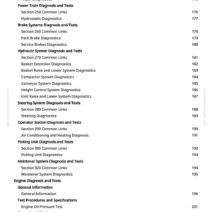 May include: A page from a manual with a table of contents. The text includes diagnostic tests for various systems, such as power train, brakes, and steering. Page numbers are listed on the right.