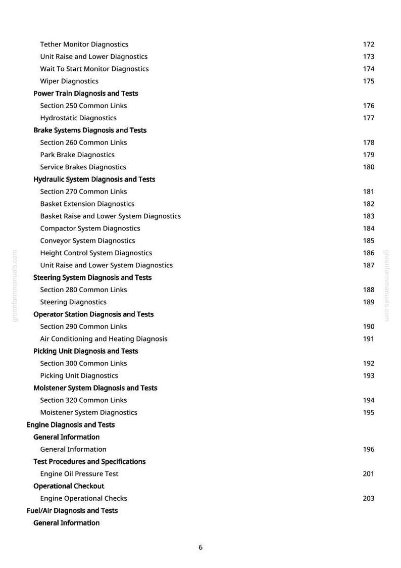 May include: A page from a manual with a table of contents. The text includes diagnostic tests for various systems, such as power train, brakes, and steering. Page numbers are listed on the right.