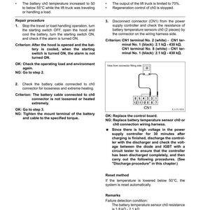 Op de afbeelding: Diagnoseprocedure document voor een heftruck, met details over probleemoplossingsstappen voor een batterijtemperatuurwaarschuwing. Inclusief schema's, reparatieprocedures en specificaties.